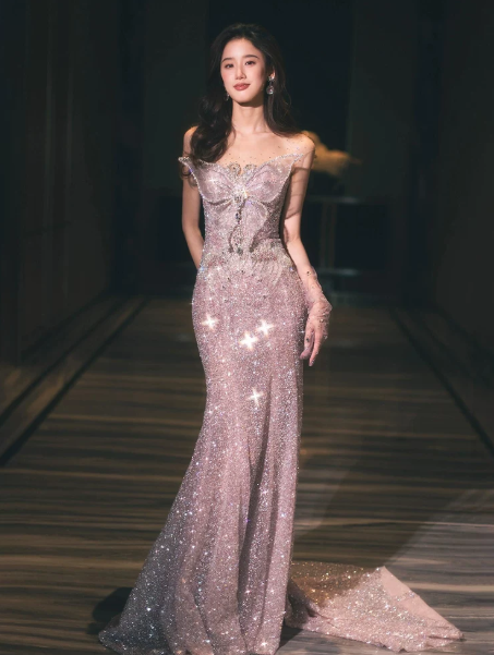 Gorgeous Pink Sequins Prom Dress ,Mermaid Strapless Glitter Bodycon Maxi Evening Dress RS1137