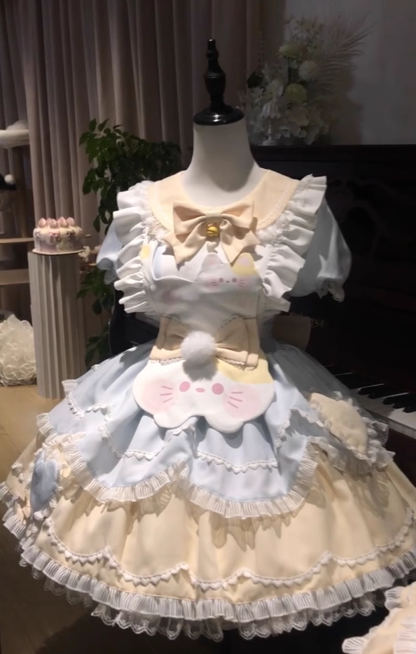 Blue and yellow cute sweet lolita fashionable short-sleeved OP dress fluffy runaway princess dress Lolita R1682