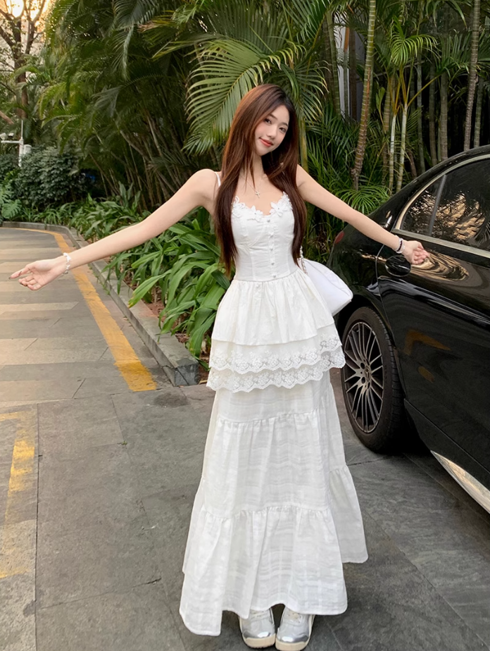 Fairy temperament unique beautiful white sling dress skirt two-piece suit R1730