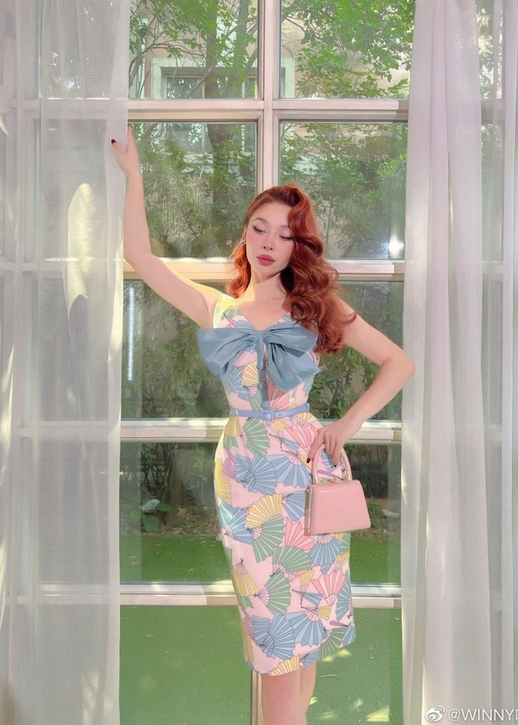 Pink fan print retro waist slim hip skirt homecoming dress R2945