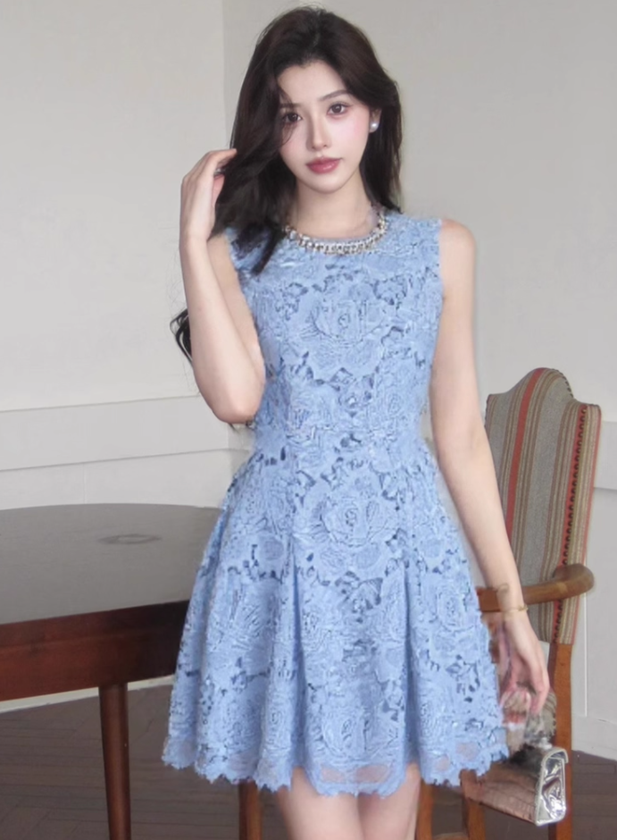 Blue heavy diamond crocheted hollow sleeveless Chanel style short dress R4077