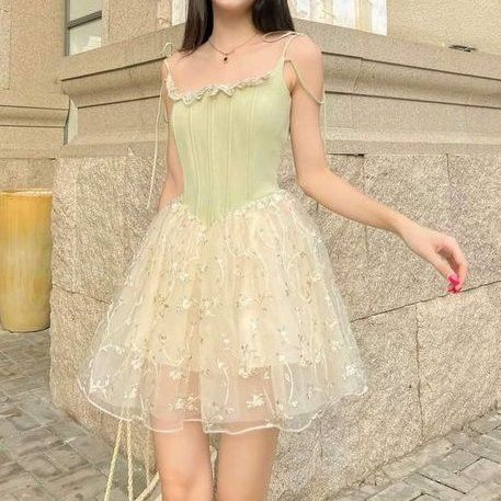 Green suspenders slim waist apricot skirt cute short skirt homecoming dress R3889