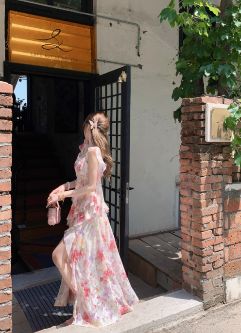 French holiday pink oil painting fairy floral long skirt female summer beautiful dress R3905