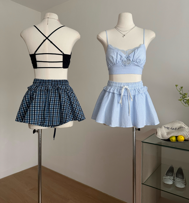 Plaid shirt jacket lace camisole top a-line skirt pants suit R2011