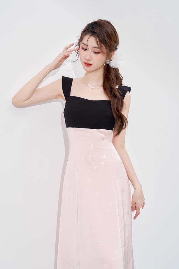 Beautiful dress new summer women's French temperament waist mid-length sleeveless pink skirt R4261
