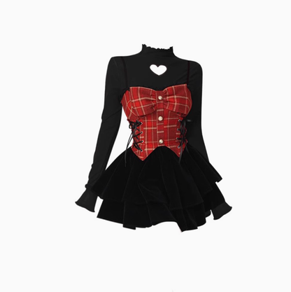 Sweet and spicy style heart hollow top 2025 large size plaid waist strap dress set R1208