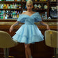 Blue one-shoulder design slim waist puffy princess skirt homecoming dress R4048