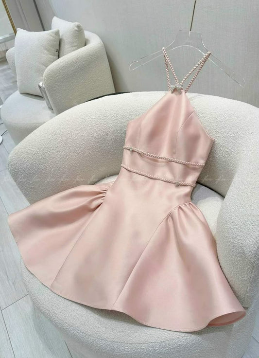Pink suspenders waist slimming A-line short skirt homecoming dress R3402