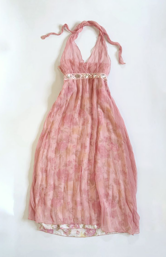 Gentle Pink Prom Dress ,A-Line Halter Light Floral Corset Maxi Summer Dress RS1140