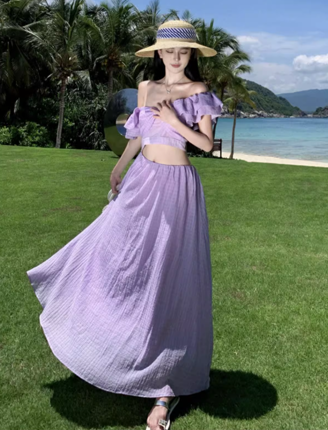 Super fairy long skirt with small flying sleeves white waist-baring dress holiday beach skirt R1607