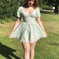 Light green checkered puff sleeves slim waist cute short skirt homecoming dress R3974