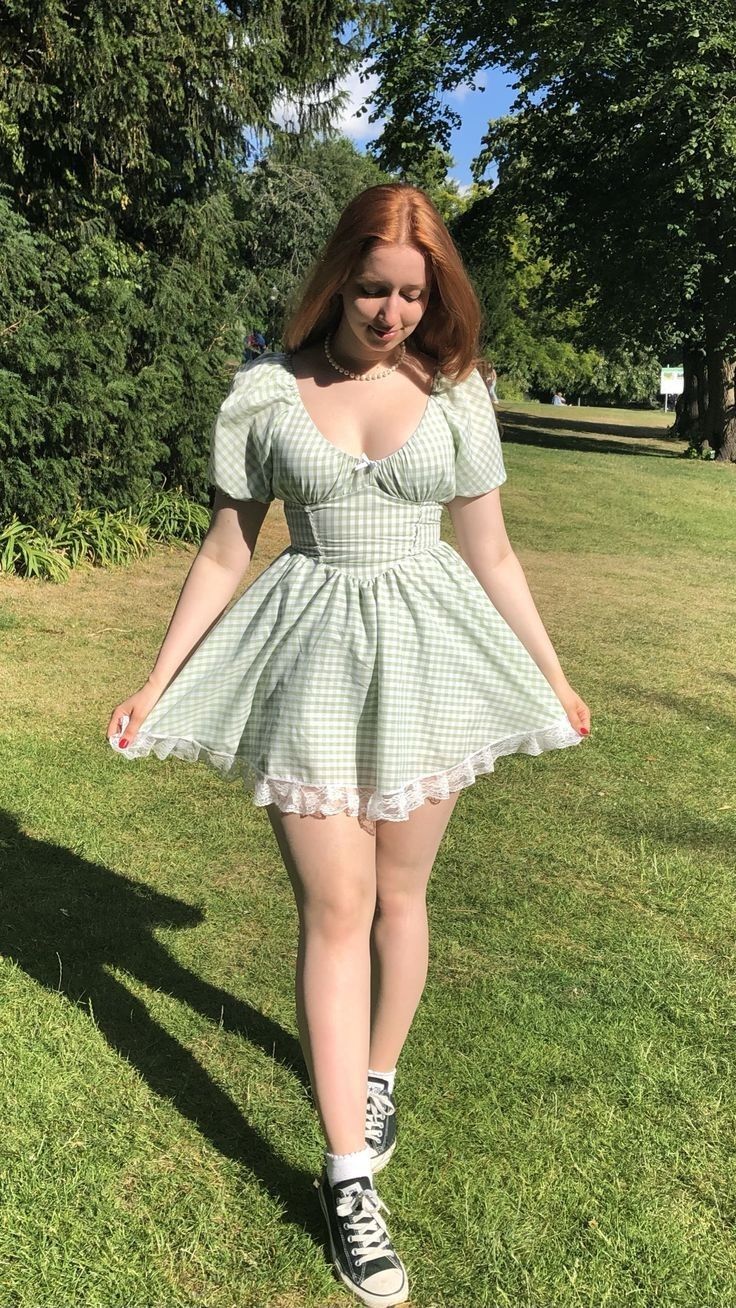 Light green checkered puff sleeves slim waist cute short skirt homecoming dress R3974