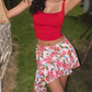 Sexy hot girl red camisole 2025 irregular floral holiday skirt suit R1349