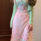 Beautiful little skirt gentle temperament green floral suspender dress R0683
