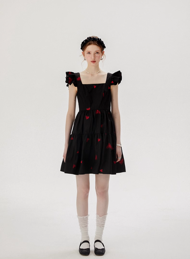 French style suspender floral skirt small flying sleeve black skirt short dress R2748