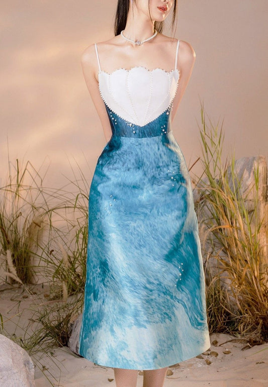 Blue suspenders waist slim A-line long skirt homecoming dress R3733