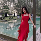 Red suspender dress high-grade irregular chiffon red rose ruffle seaside holiday dress R1470