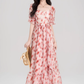 French red floral puff sleeve square neck dress holiday style waist big swing skirt R2403