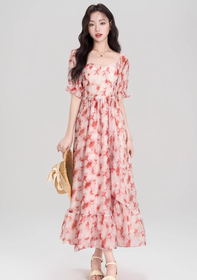 French red floral puff sleeve square neck dress holiday style waist big swing skirt R2403
