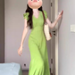 French retro green small flying sleeve dress high-end v-neck temperament step by step lotus fishtail skirt R0451