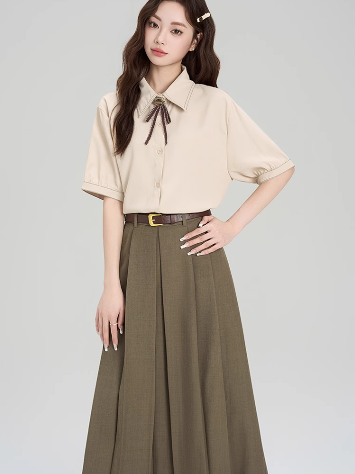 Preppy formal summer designer shirt and skirt suit R2357