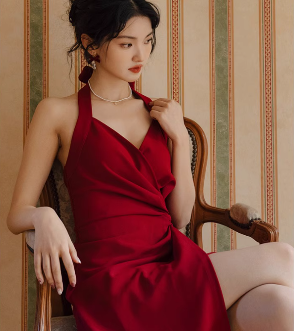 Retro skirt halter neck dress sexy backless wine red temperament slit dress skirt R1512