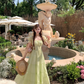 Green long waist square collar short sleeve dress summer French retro a-line high-end skirt R4704