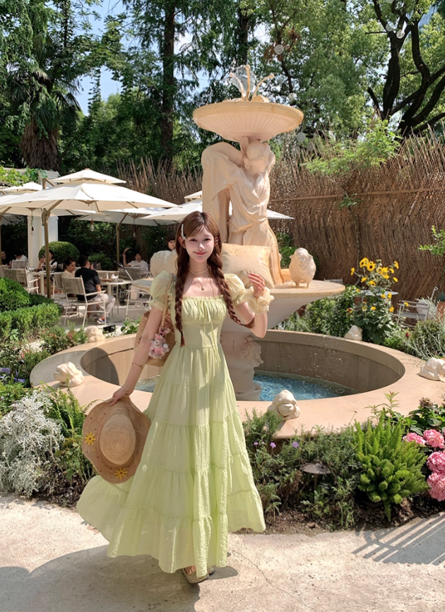 Green long waist square collar short sleeve dress summer French retro a-line high-end skirt R4704