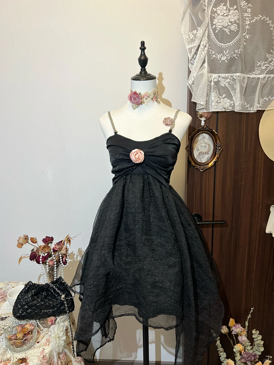 Black suspenders high waist slim irregular skirt short skirt homecoming dress R4352