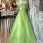 Light green halter-neck fitted A-line long ball gown R7566