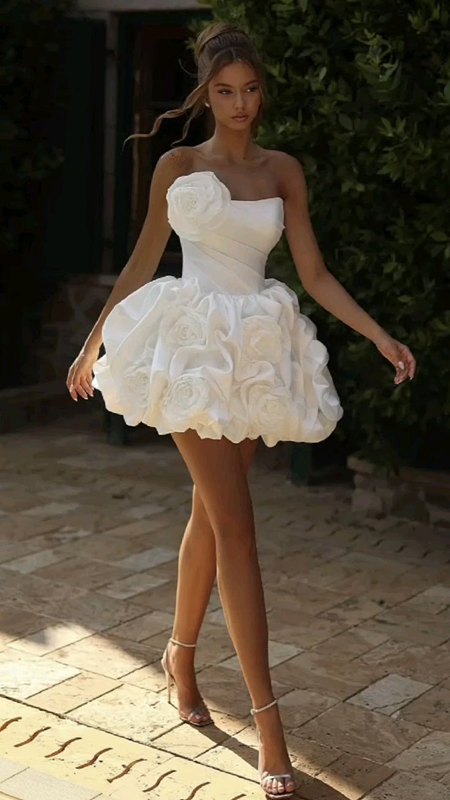 White Strapless 3D Floral Appliqué Fit‑and‑Flare Tulip Puff Mini Homecoming Dress R5444
