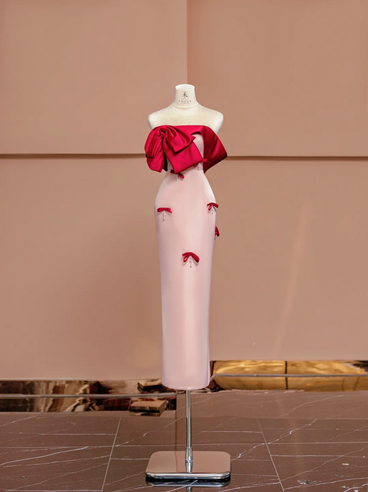 Red off-the-shoulder neckline, light pink fitted waist, long ball gown/bridal dress R8399