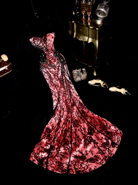 Pink strapless satin black lace fitted long ball gown R6933