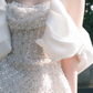 Silver tube top gentle sequin pearl waist sexy A-line short skirt homecoming dress R4191