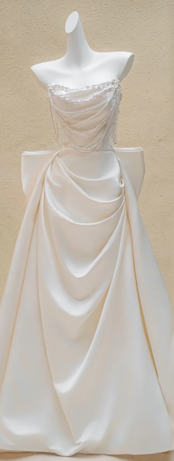 White Strapless Beaded Waist Satin Pleated Maxi Bridal Dress R5741