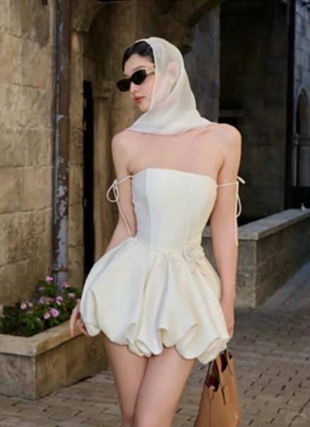 White tube top slim waist flower bud skirt short skirt homecoming dress R4474