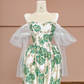 Retro strapless green floral print fitted waist puff skirt long ball gown R8375
