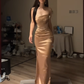 Gold strapless, cinched waist, boning, bodycon, sexy, long, elegant ball gown R8083