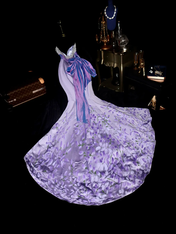 Purple strapless beaded fitted long ball gown R6973