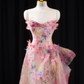 Pink floral print strapless fitted long ball gown, bridal dress R8920