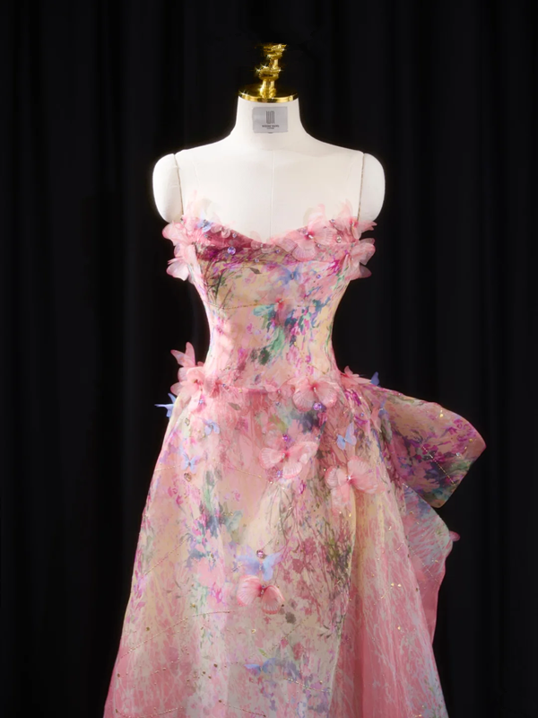 Pink floral print strapless fitted long ball gown, bridal dress R8920