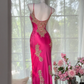 Rose pink halter-neck fitted long ball gown R7648