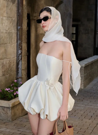 White tube top slim waist flower bud skirt short skirt homecoming dress R4474