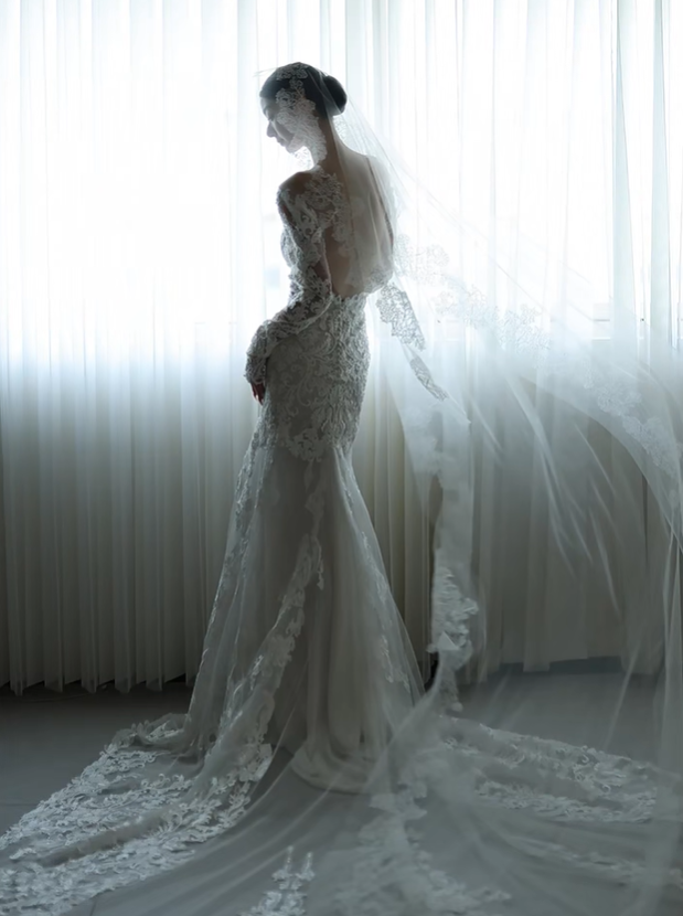 White lace V-neck waist slim sexy long dress bridal dress R6055