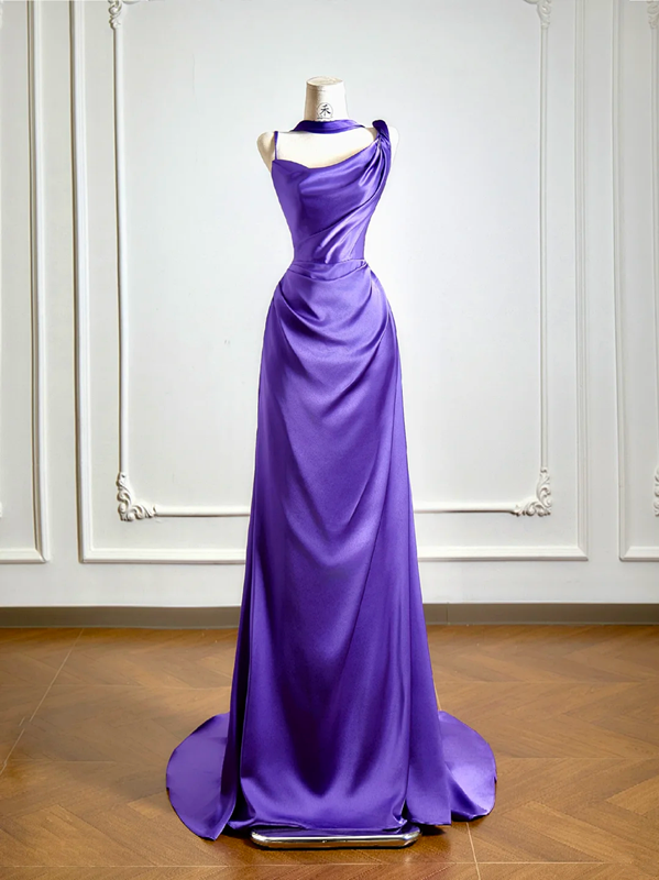 Purple halter-neck satin fitted long elegant ball gown R8147