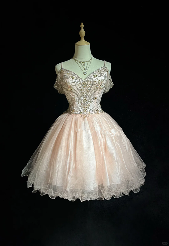 Pink suspender diamond waist slim fit puffy princess skirt homecoming dress R4921