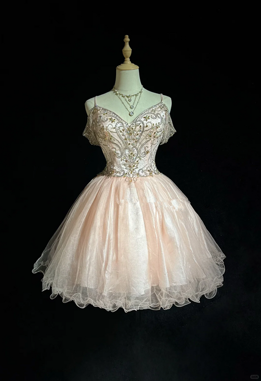 Pink suspender diamond waist slim fit puffy princess skirt homecoming dress R4921
