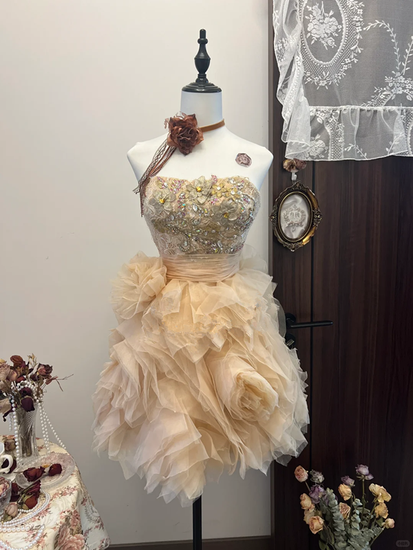 Orange tube top embroidered flower waist slim fit fluffy tulle cute princess skirt homecoming dress R4311