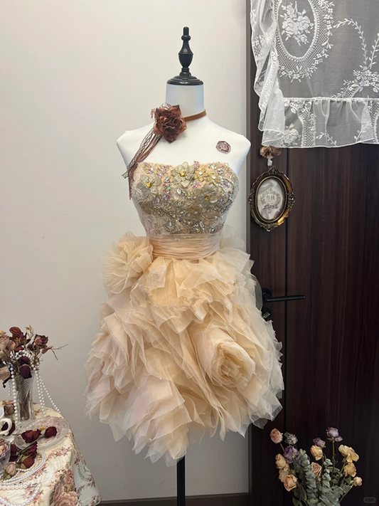 Orange tube top embroidered flower waist slim fit fluffy tulle cute princess skirt homecoming dress R4311