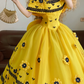 Yellow Off-the-Shoulder Waist-Cinched Elegant Puffball Skirt Ball Gown, Bridal Gown R7345